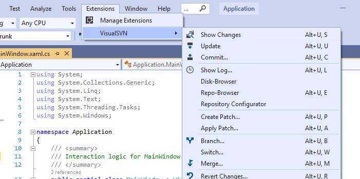VisualSVN 集成到 visul studio 上的操作界面